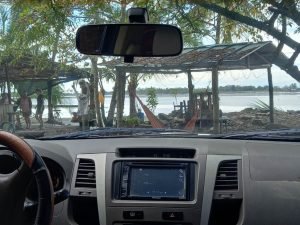 View through car windshield.